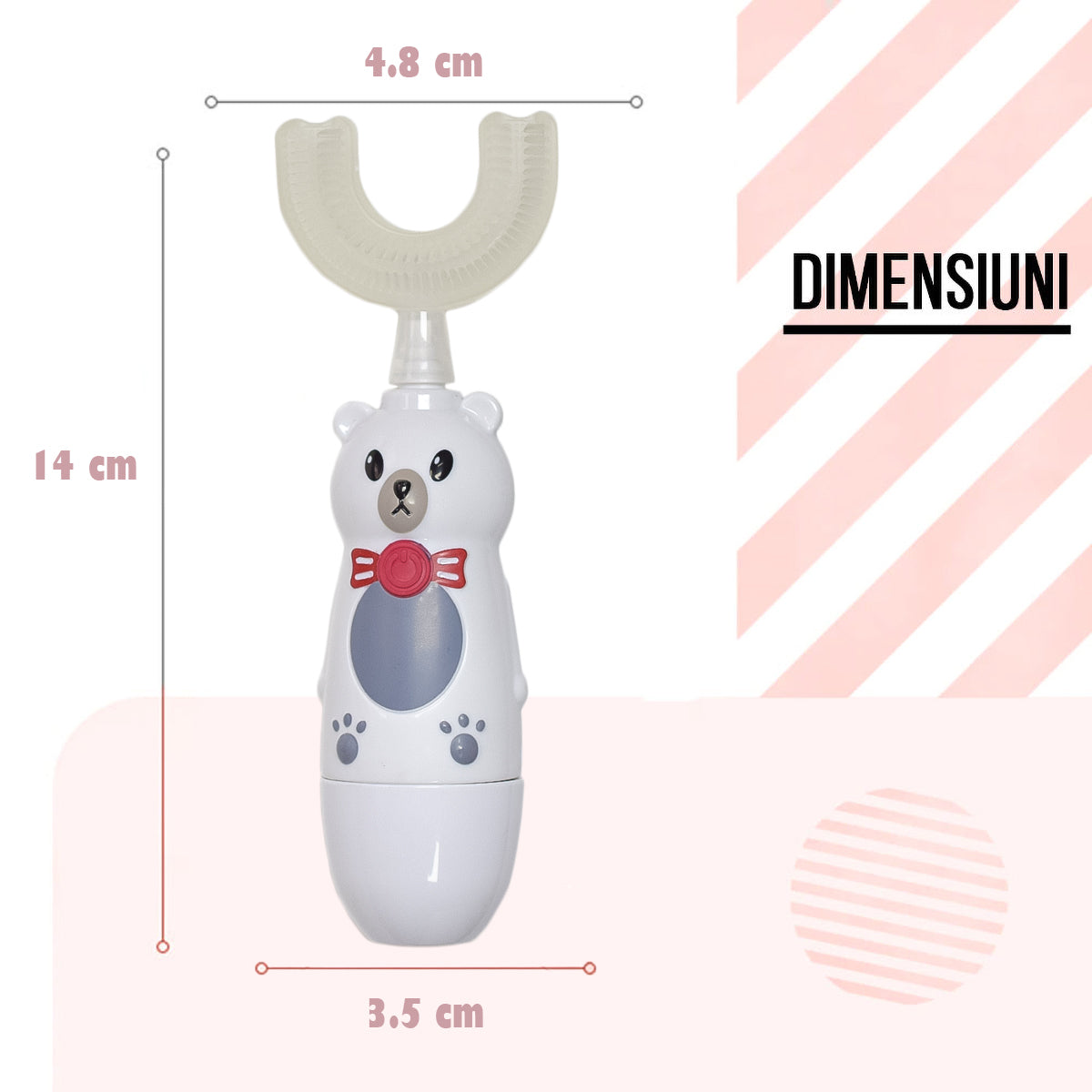 Periuta de dinti electrica U-shape, cu baterie, pentru Copii 6-12 ani, Naimeed D4377, cu micro-vibratie, ursulet, Alb