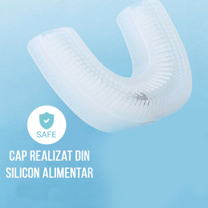Periuta de dinti electrica U-shape, cu baterie, pentru Copii 6-12 ani, Naimeed D4377, cu micro-vibratie, ursulet, Alb