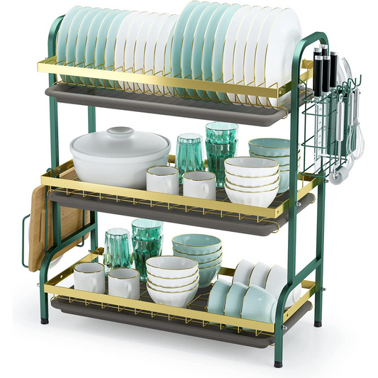 Raft metalic pentru vase si tacamuri, 3 polite, Naimeed D4470, Verde/Auriu