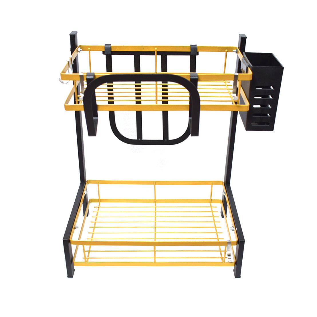 Raft metalic pentru vase si tacamuri, 2 polite, Naimeed D4472, Negru/Auriu