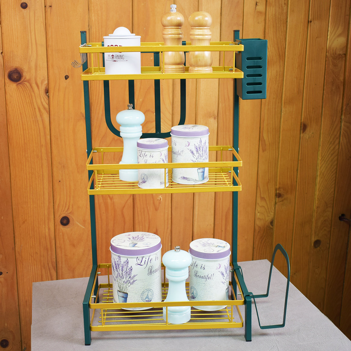 Raft metalic pentru vase si tacamuri, 3 polite, Naimeed D4475, Verde/Auriu