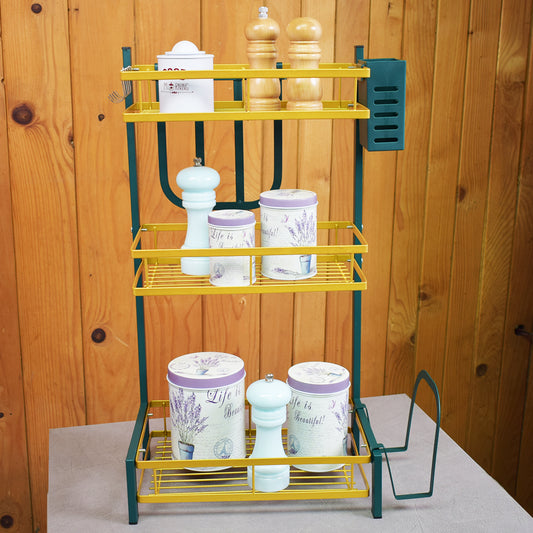 Raft metalic pentru vase si tacamuri, 3 polite, Naimeed D4475, Verde/Auriu