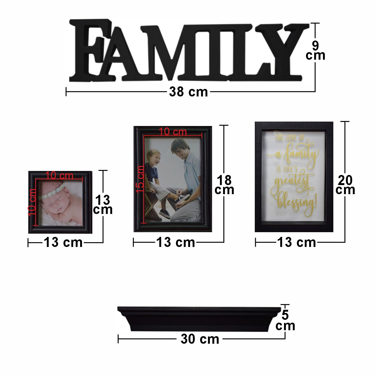 Set 2 rame foto, Naimeed D4596N, 1 polita si 2 ornamente, Negru