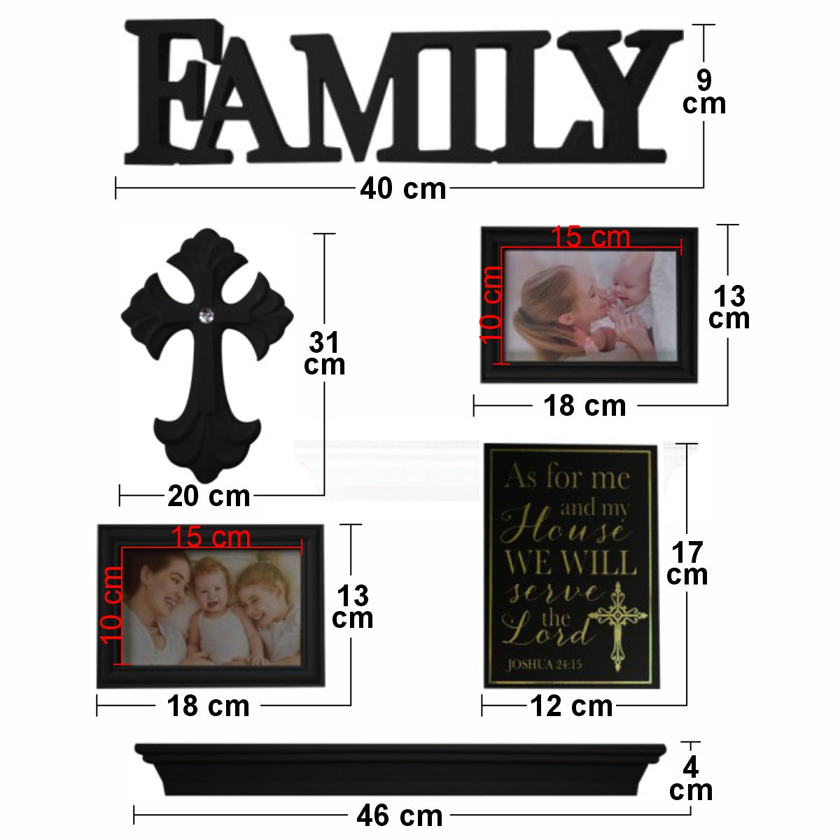 Set 2 rame foto, Naimeed D4598N, 1 polita si 3 ornamente, Negru