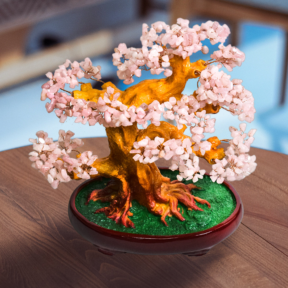 Copac Feng Shui cu Pietre Semipretioase de Cuart Roz, Suport Ceramic, Naimeed D4625-Roz, Inaltime 30cm