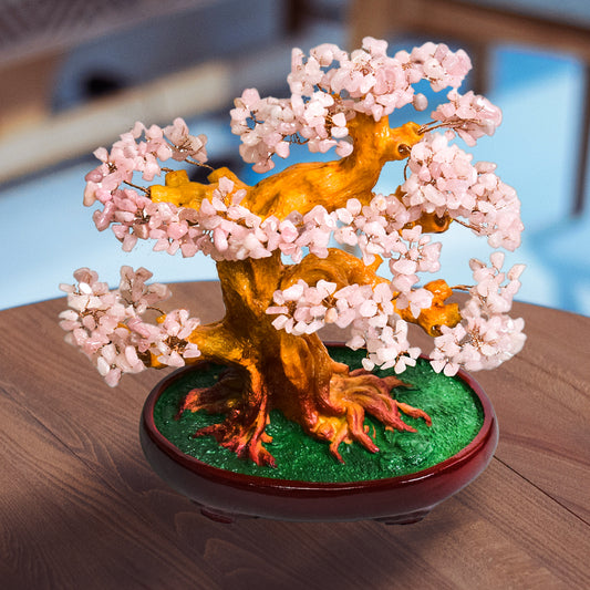 Copac Feng Shui cu Pietre Semipretioase de Cuart Roz, Suport Ceramic, Naimeed D4625-Roz, Inaltime 30cm