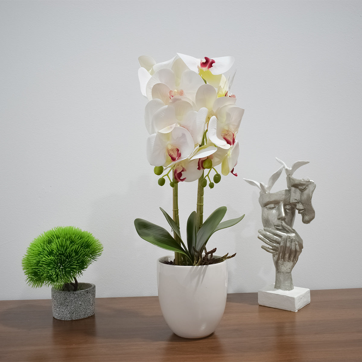Orhidee cu aspect natural in ghiveci ceramic, 53 cm, Naimeed D4846, Alb