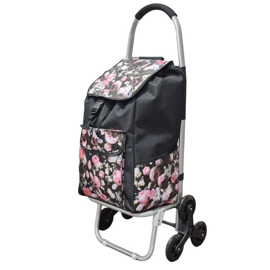 Carucior de piata pliabil, cadru din aluminiu, roti din silicon, Naimeed D4948, 6 roti, 49 L, Negru/Rosu