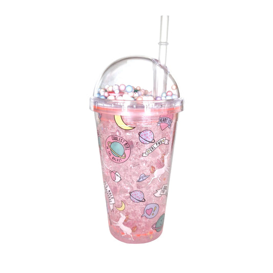 Pahar cu capac si pai, Naimeed D5020, Roz-unicorn