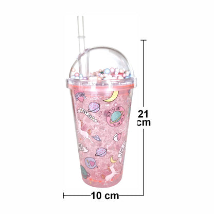Pahar cu capac si pai, Naimeed D5020, Roz-unicorn