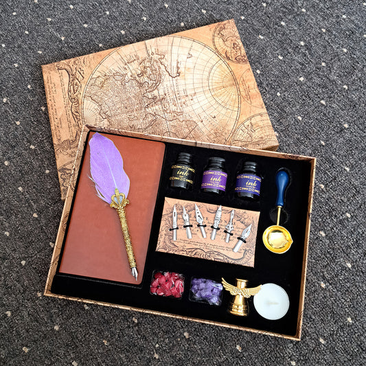 Set caligrafie vintage, stilou cu penita, calimara, sigiliu ceara, 6 varfuri de schimb, Naimeed D5223, Violet