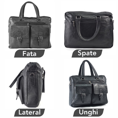 Servieta barbati, piele ecologica, Naimeed D5453, Companion, Negru, 39x7x30cm