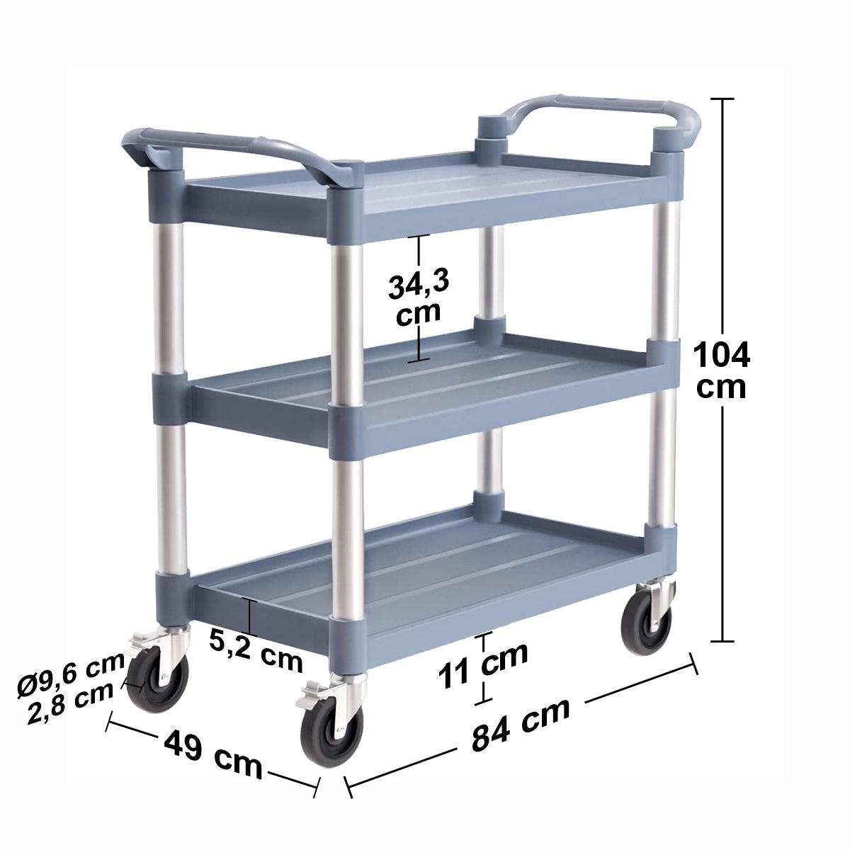 Carucior servire, 3 rafturi, Naimeed D5656, roti 360, sistem de blocare, manere ergonomice, 84x49x104cm, 75kg, Albastru