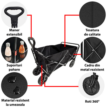 Carucior pliabil de gradina, Naimeed D5660, cadru metalic, maner extensibil, roti silentioase, 87x50x75cm, 80kg, Negru