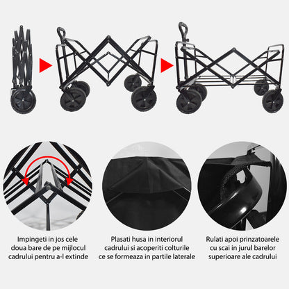 Carucior pliabil de gradina, Naimeed D5660, cadru metalic, maner extensibil, roti silentioase, 87x50x75cm, 80kg, Negru