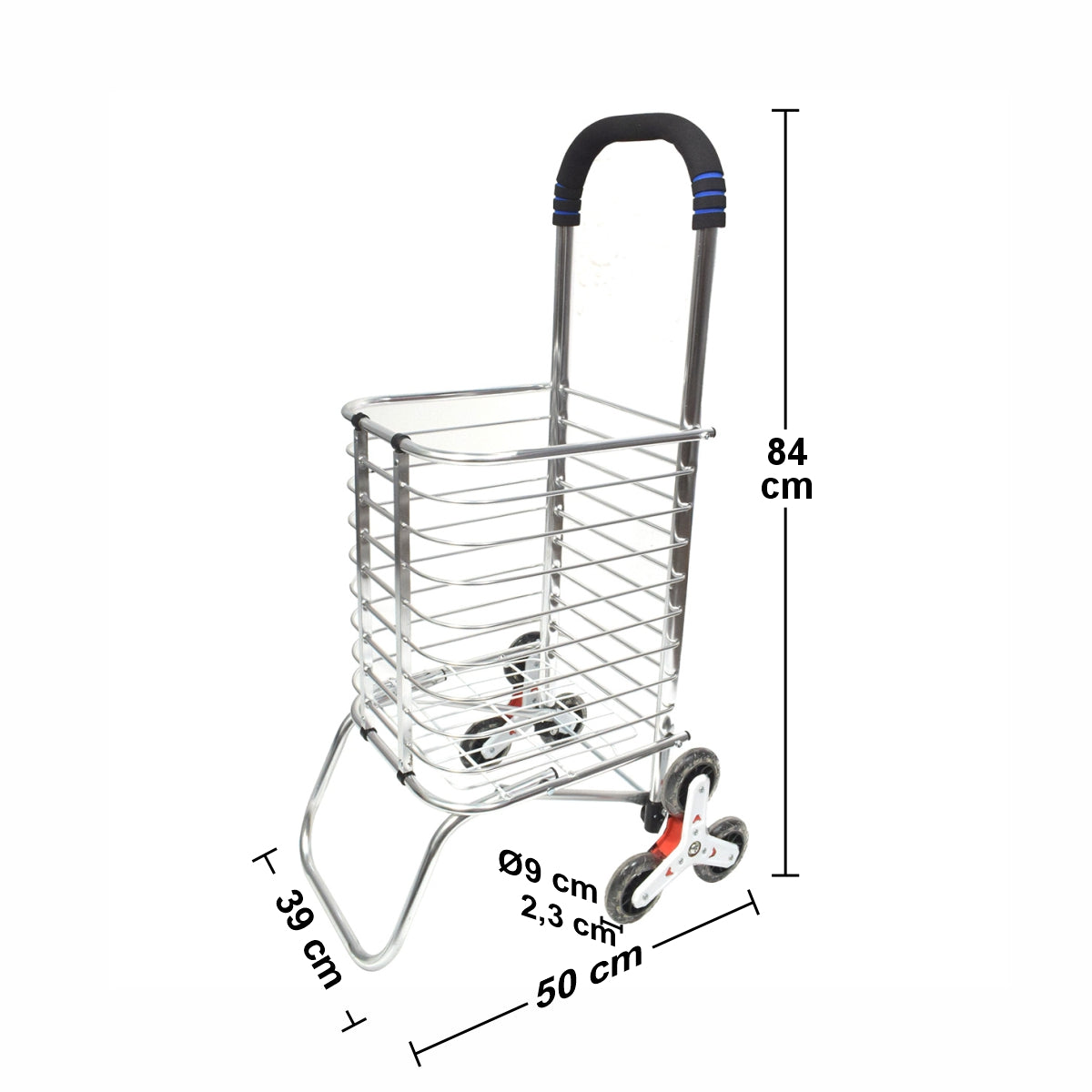 Carucior de piata pliabil, din aluminiu, Naimeed D5663, 6 roti, 30 L, 50x39x91 cm, 20kg, Argintiu