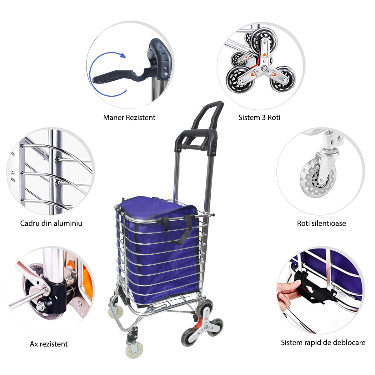 Carucior de piata pliabil, din aluminiu, Naimeed D5665, 8 roti silentioase, 30 L, 47x38x90cm, 20kg, Mov