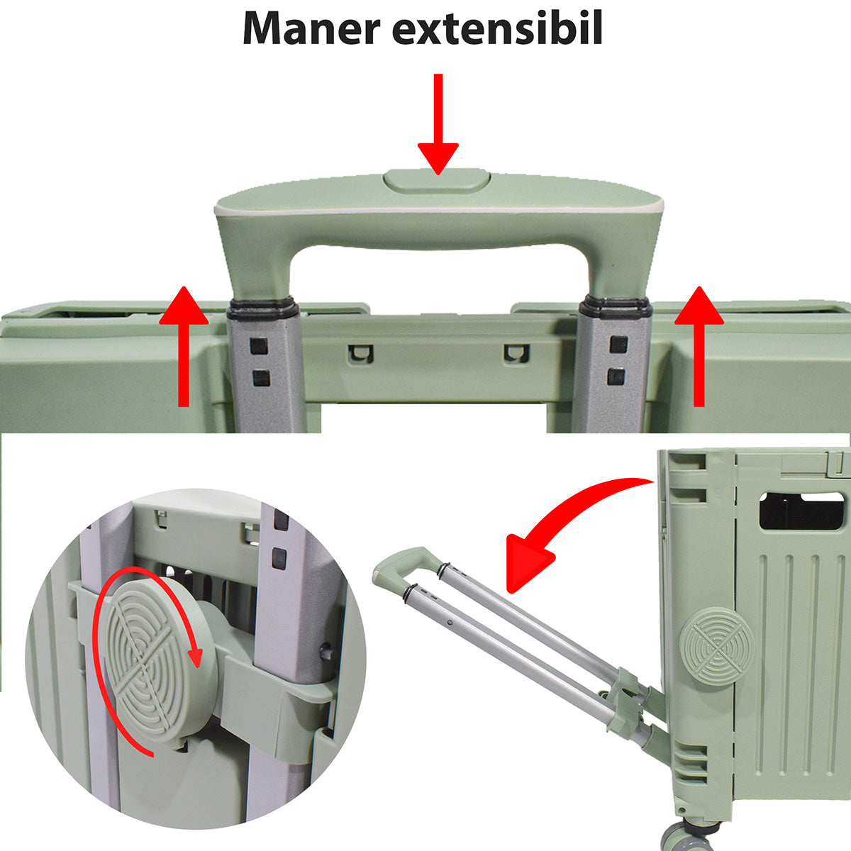 Carucior pliabil, Naimeed D5673, 8 roti, sistem blocare si rulare lina, maner extensibil, capac retractabil, 45 L, 30kg, 43x40x48cm, Turcoaz