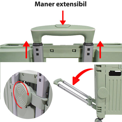 Carucior pliabil, Naimeed D5673, 8 roti, sistem blocare si rulare lina, maner extensibil, capac retractabil, 45 L, 30kg, 43x40x48cm, Turcoaz