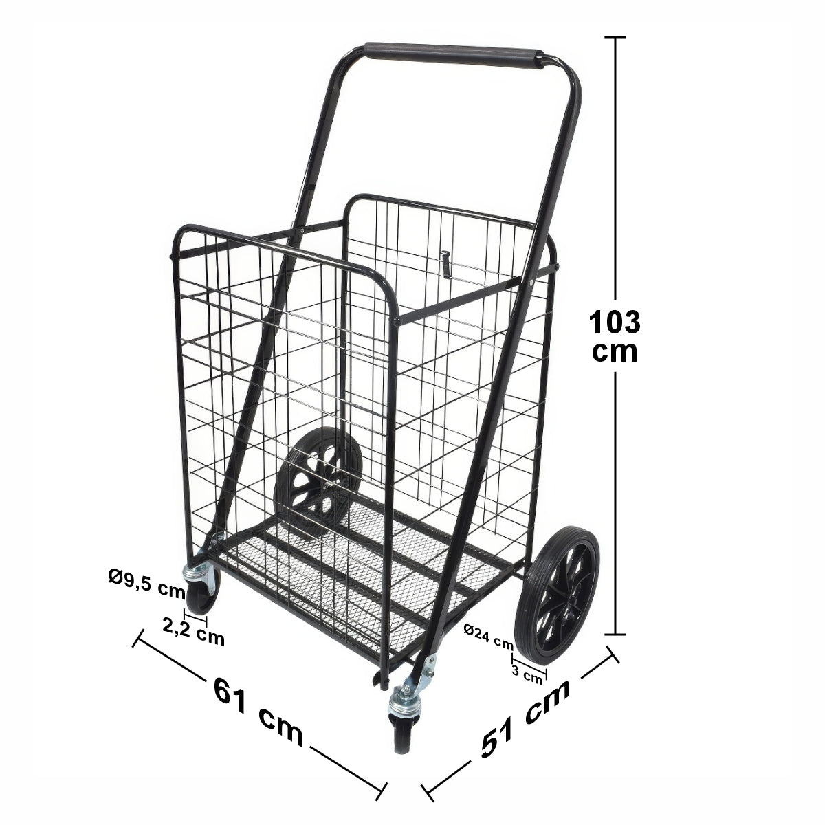 Carucior de cumparaturi pliabil, Naimeed D5677, roti silentioase, maner ergonomic, 90L, 50kg, 61x51x103cm, Negru