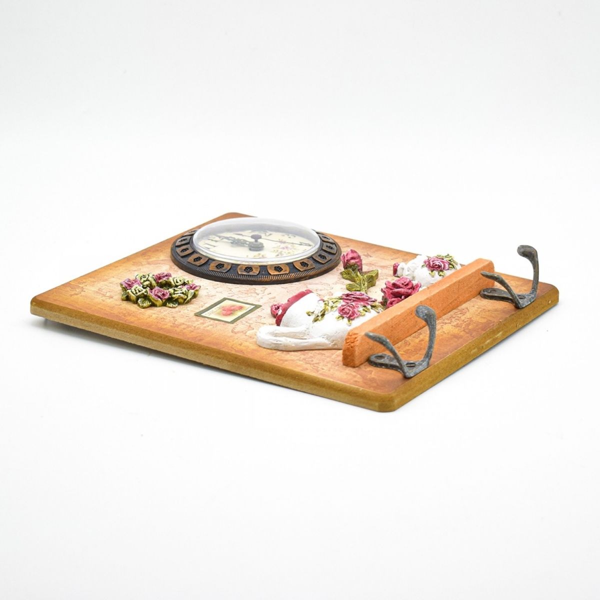 Cuier decorativ cu 2 carlige duble, Naimeed D58-2, 18.5x22x0.8 cm, Maro