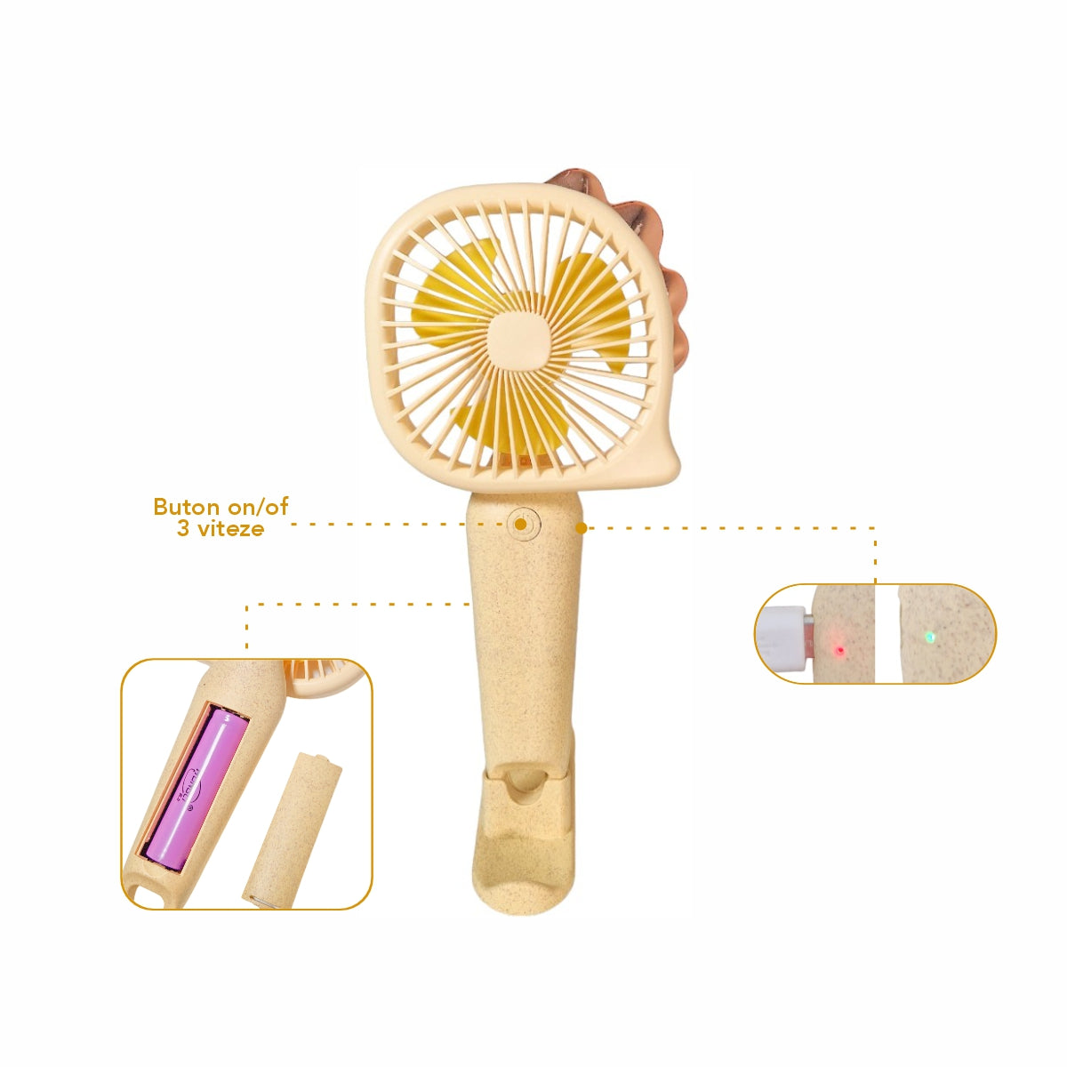 Ventilator, cu acumulator, Naimeed D5825, USB, Galben, 112x212x43 mm