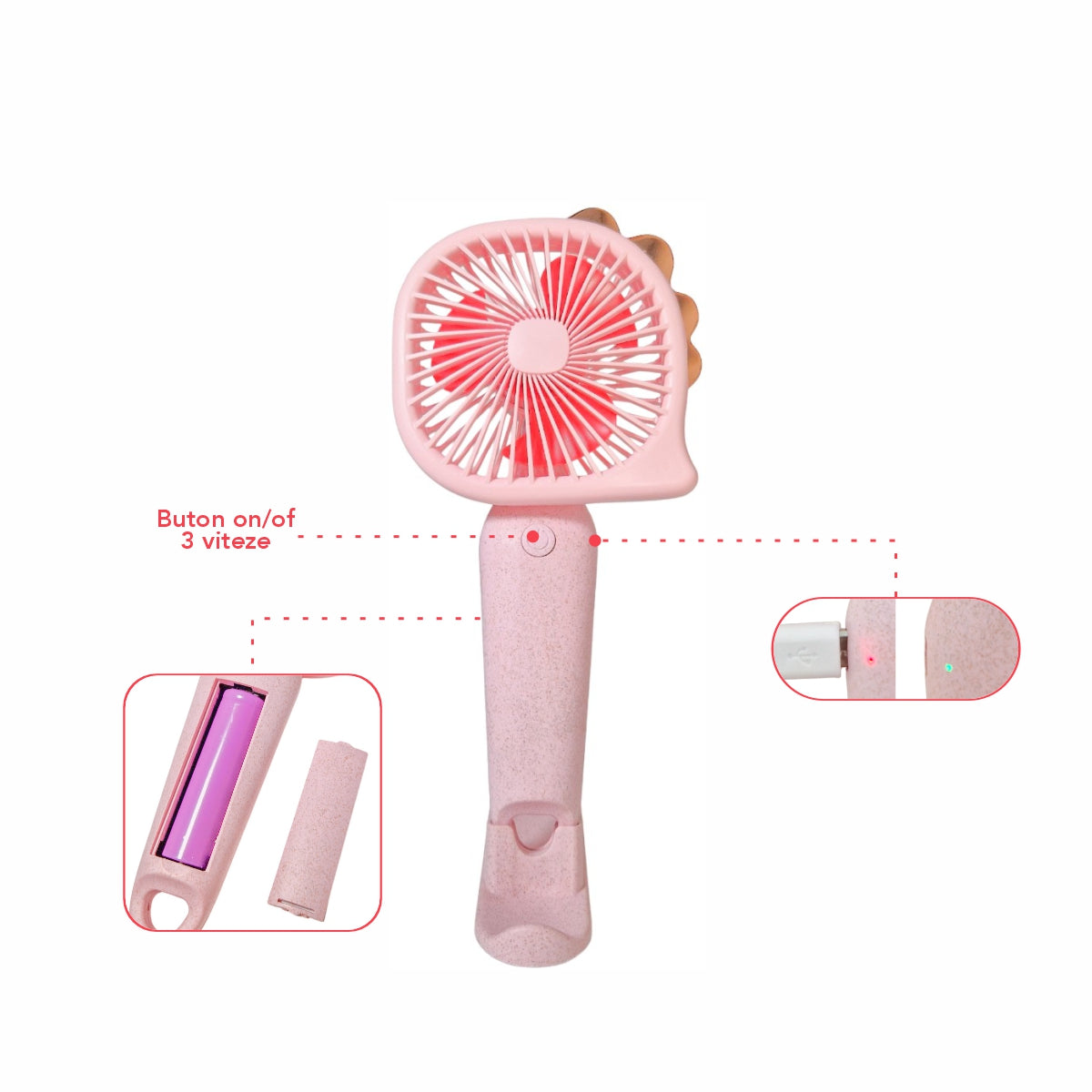 Ventilator, cu acumulator, Naimeed D5826, USB, Roz, 112x212x43 mm