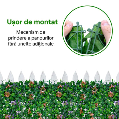 Panou din plante artificiale, cu frunze si flori, Naimeed D5898, Verde-Mov, 600x400mm