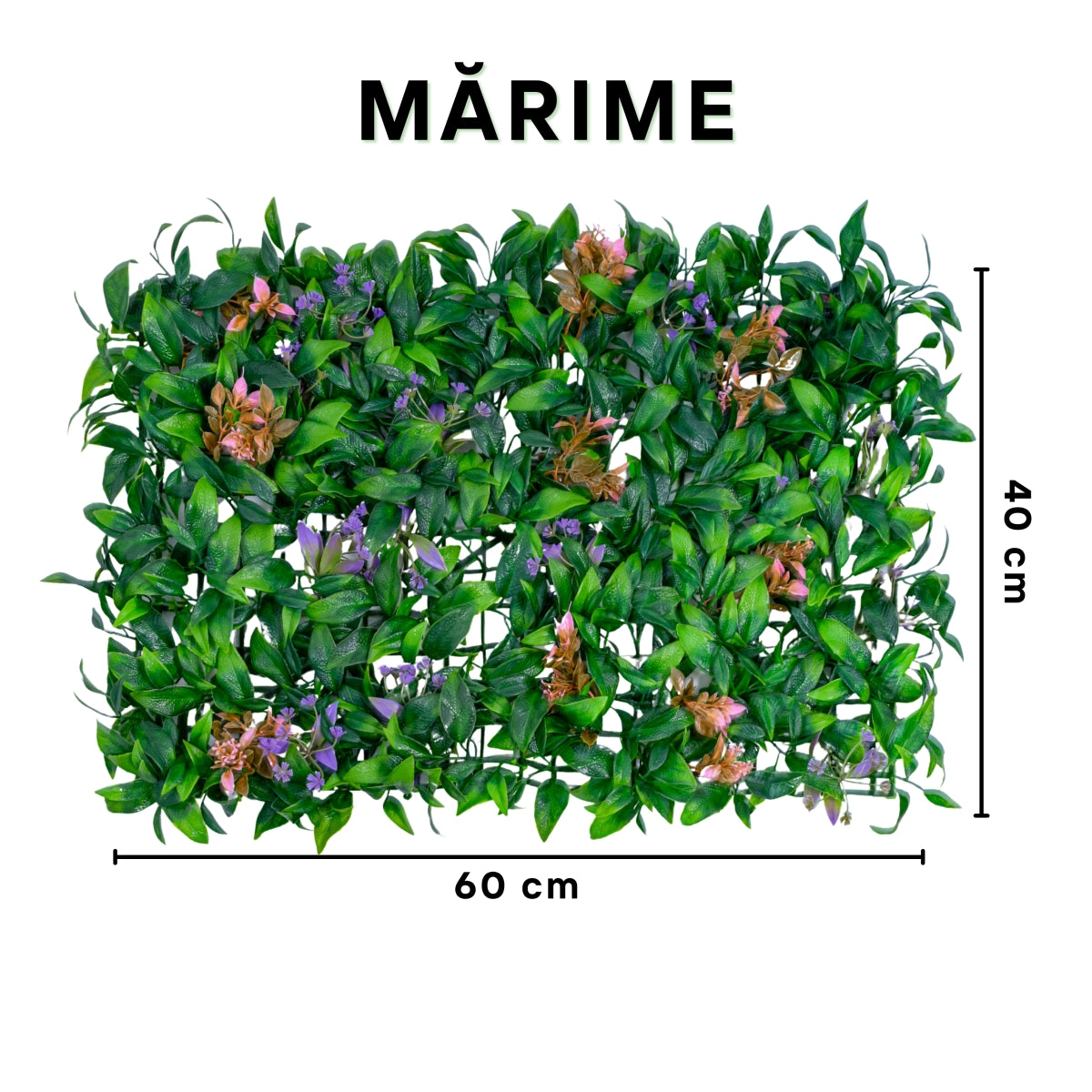 Panou din plante artificiale, cu frunze si flori, Naimeed D5898, Verde-Mov, 600x400mm