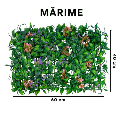 Panou din plante artificiale, cu frunze si flori, Naimeed D5898, Verde-Mov, 600x400mm