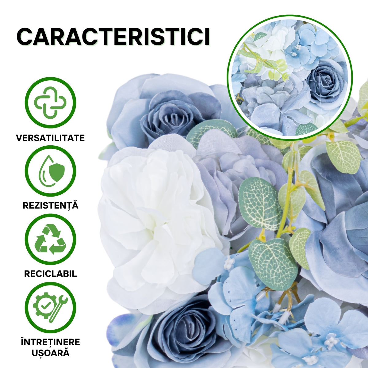 Panou din plante artificiale cu flori, Naimeed D5908, Albastru, 250x100mm