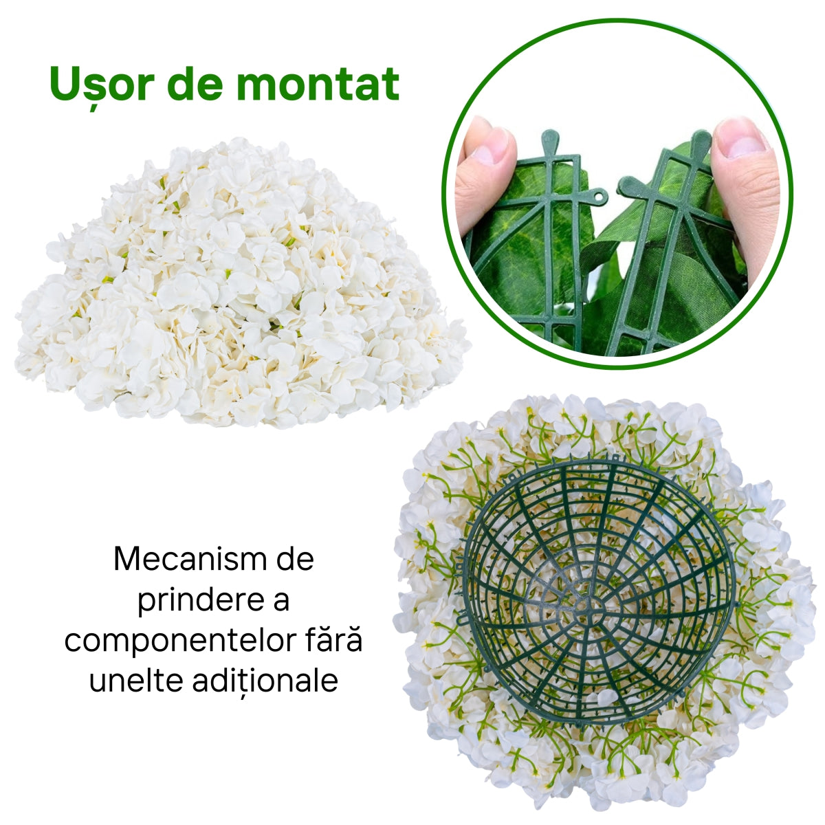 Sfera din plante artificiale, cu flori, Naimeed D5922, Alb, 200mm