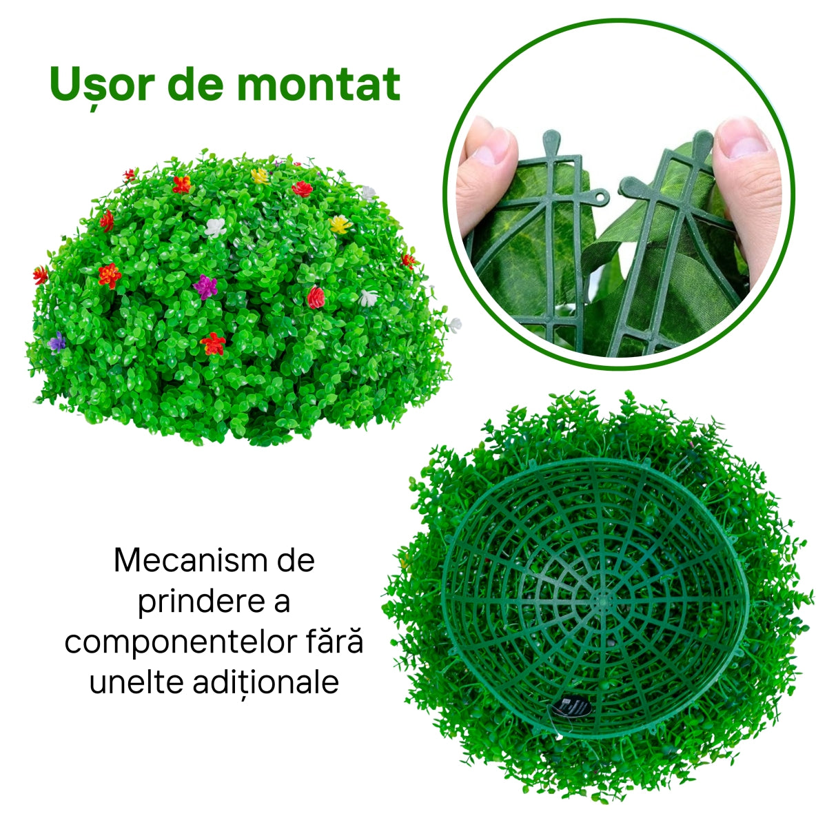 Sfera din plante artificiale, cu flori, Naimeed D5945, Verzui, 150mm