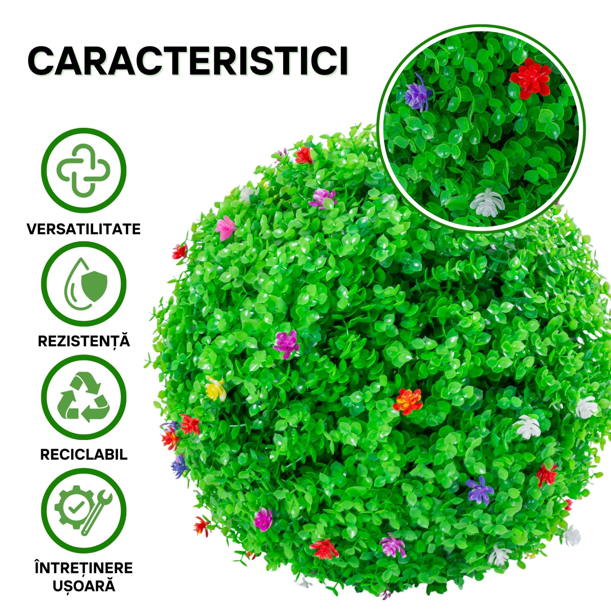 Sfera din plante artificiale, cu flori, Naimeed D5946, Verzui, 100mm