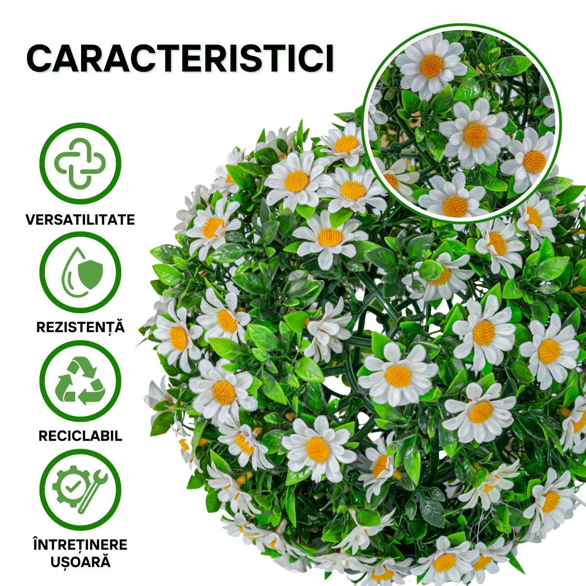 Sfera din plante artificiale, cu flori, Naimeed D5947, Vernil, 280mm