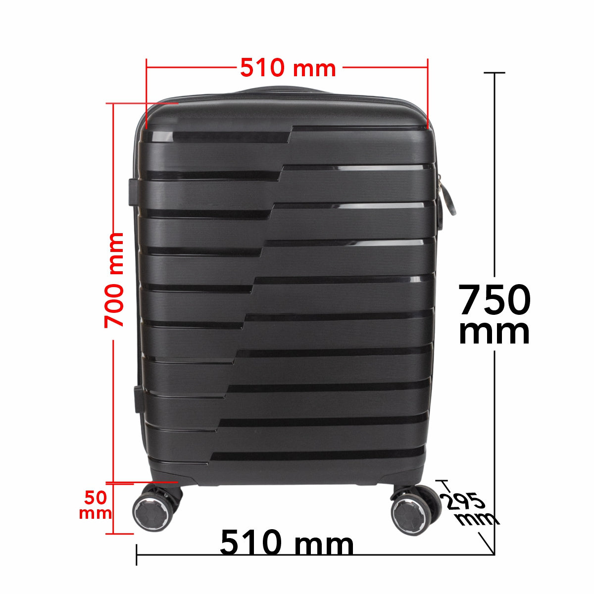Troler voiaj Mare XL, StowAway, Naimeed D5962, 4 roti duble 360 grade detasabile , PP, inchidere cifru, Negru, 51x29.5x70cm