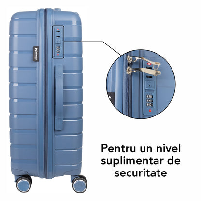 Troler voiaj Mare XL, StowAway, Naimeed D5963, 4 roti duble 360 grade detasabile , PP, inchidere cifru, Albastru, 51x29.5x70cm