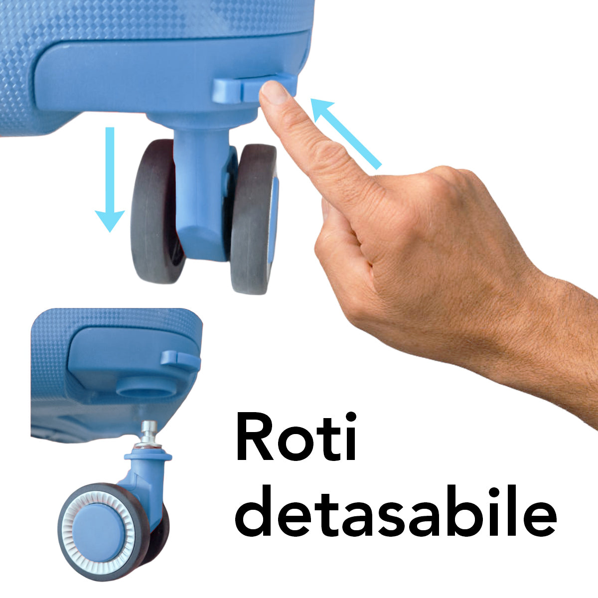 Troler voiaj Mare XL, StowAway, Naimeed D5963, 4 roti duble 360 grade detasabile , PP, inchidere cifru, Albastru, 51x29.5x70cm