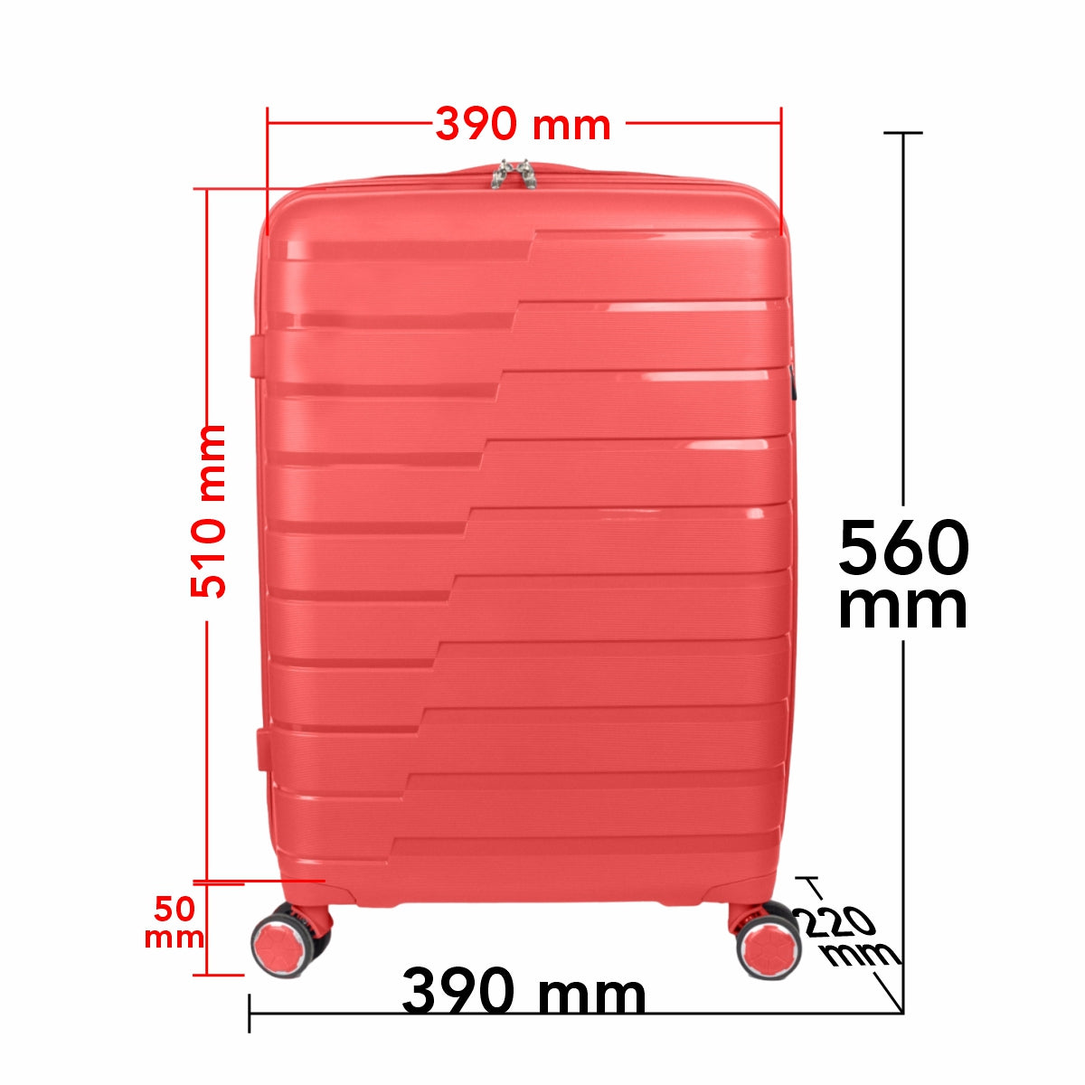 Troler voiaj Mediu M, StowAway, Naimeed D5964, 4 roti duble 360 grade detasabile , PP, inchidere cifru, Rosu, 39x22x51cm