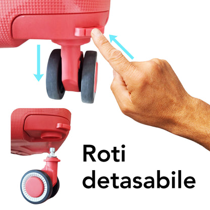 Troler voiaj Mare XL, StowAway, Naimeed D5964, 4 roti duble 360 grade detasabile , PP, inchidere cifru, Rosu, 51x29.5x70cm