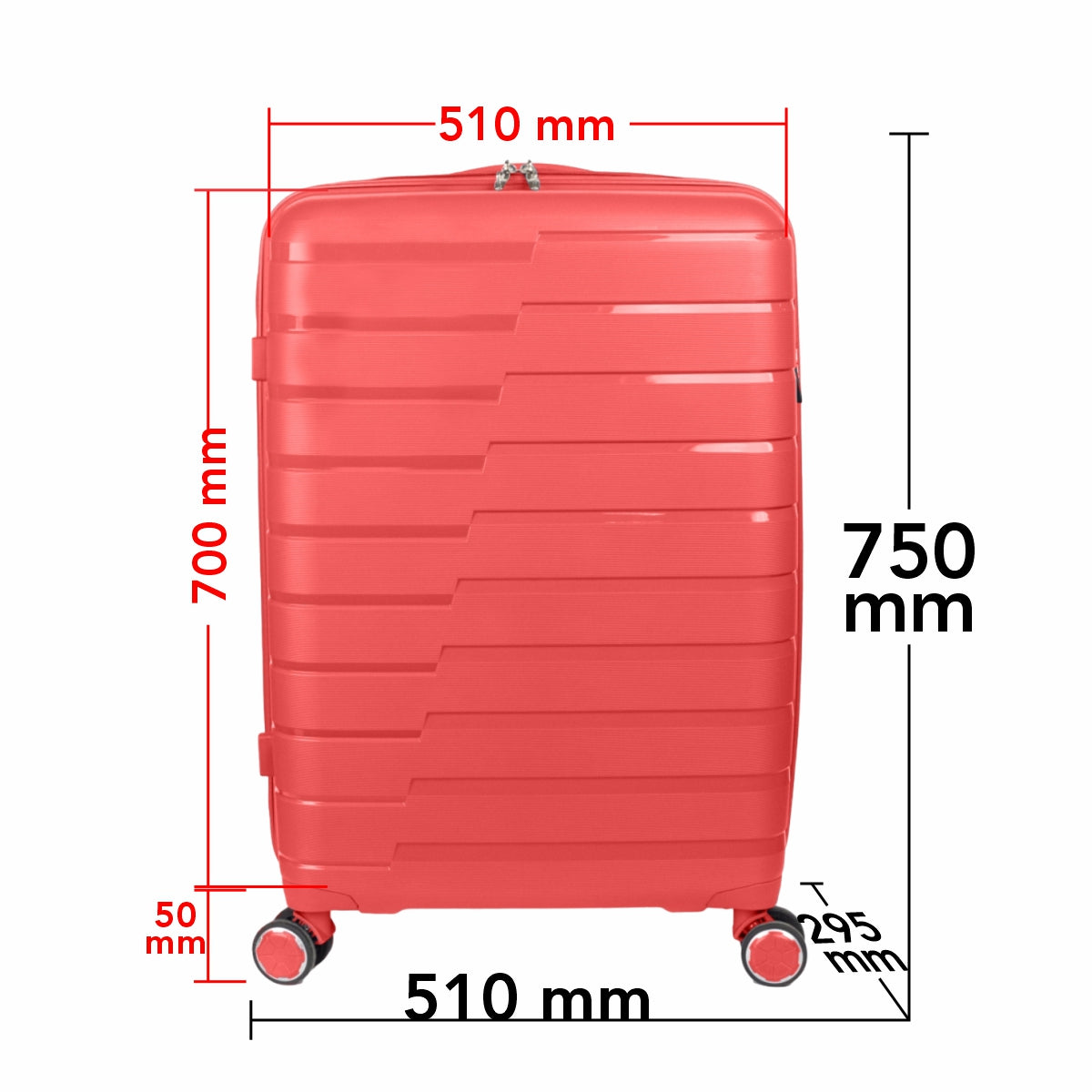Troler voiaj Mare XL, StowAway, Naimeed D5964, 4 roti duble 360 grade detasabile , PP, inchidere cifru, Rosu, 51x29.5x70cm