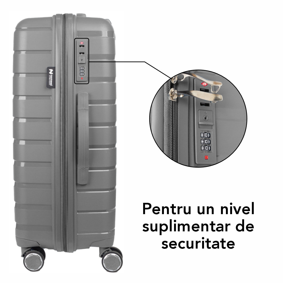 Troler voiaj Mediu M, StowAway, Naimeed D5965, 4 roti duble 360 grade detasabile , PP, inchidere cifru, Gri, 39x22x51cm