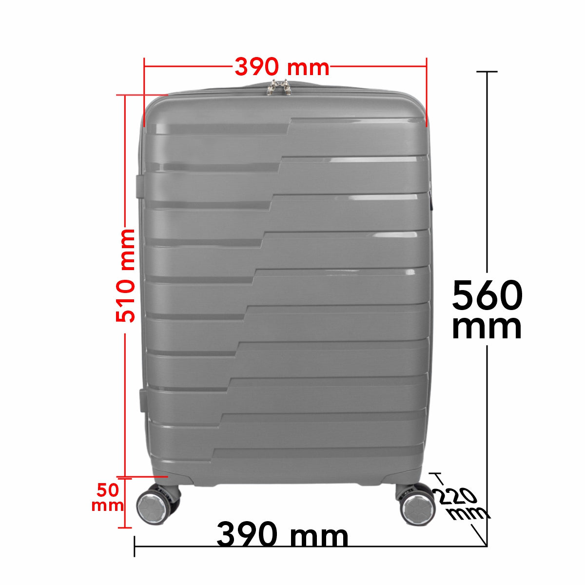 Troler voiaj Mediu M, StowAway, Naimeed D5965, 4 roti duble 360 grade detasabile , PP, inchidere cifru, Gri, 39x22x51cm