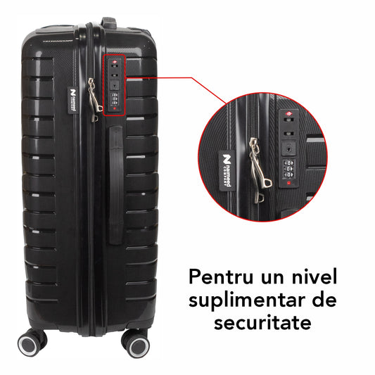 Troler voiaj Mic S, StowAway, Naimeed D5966, 4 roti duble 360 grade detasabile , PP, inchidere cifru, Negru, 37x20x48cm