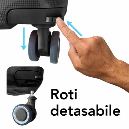 Troler voiaj Mic S, StowAway, Naimeed D5966, 4 roti duble 360 grade detasabile , PP, inchidere cifru, Negru, 37x20x48cm