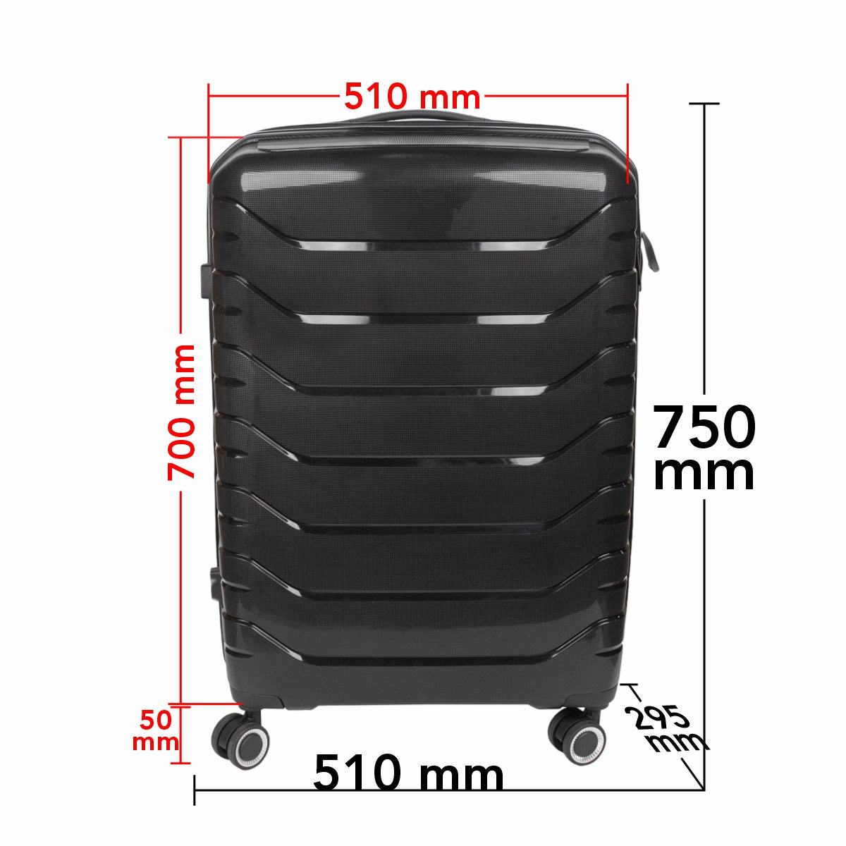 Troler voiaj Mare XL, StowAway, Naimeed D5966, 4 roti duble 360 grade detasabile , PP, inchidere cifru, Negru, 51x29.5x70cm