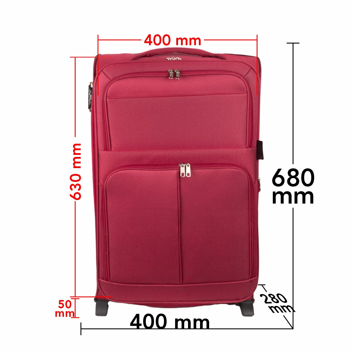 Troler voiaj Mediu, Naimeed D5977, 2 roti, material textil, inchidere cifru, Rosu, 40x28x63cm
