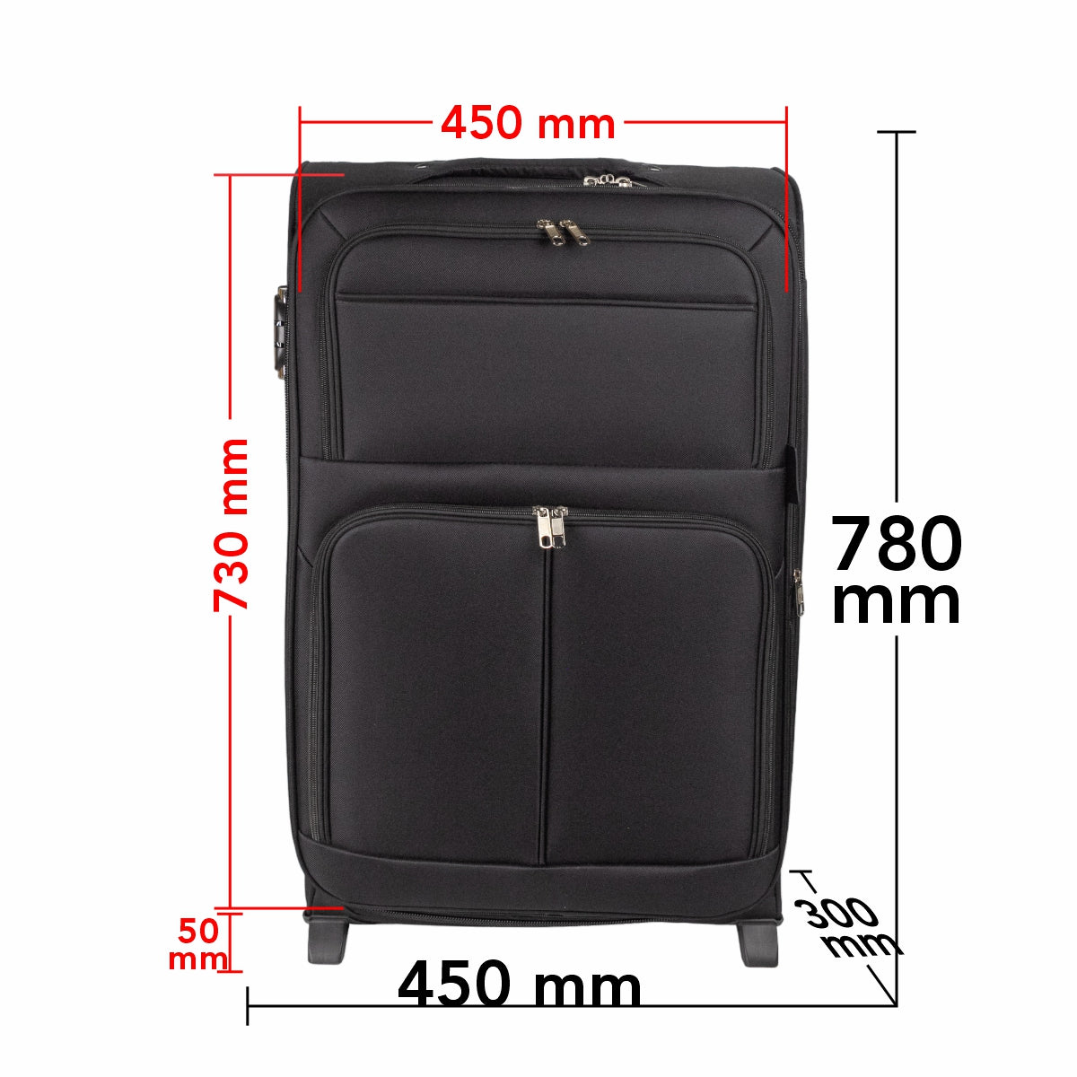 Troler voiaj Mare, Naimeed D5978, 2 roti, material textil, inchidere cifru, Negru, 45x30x73cm