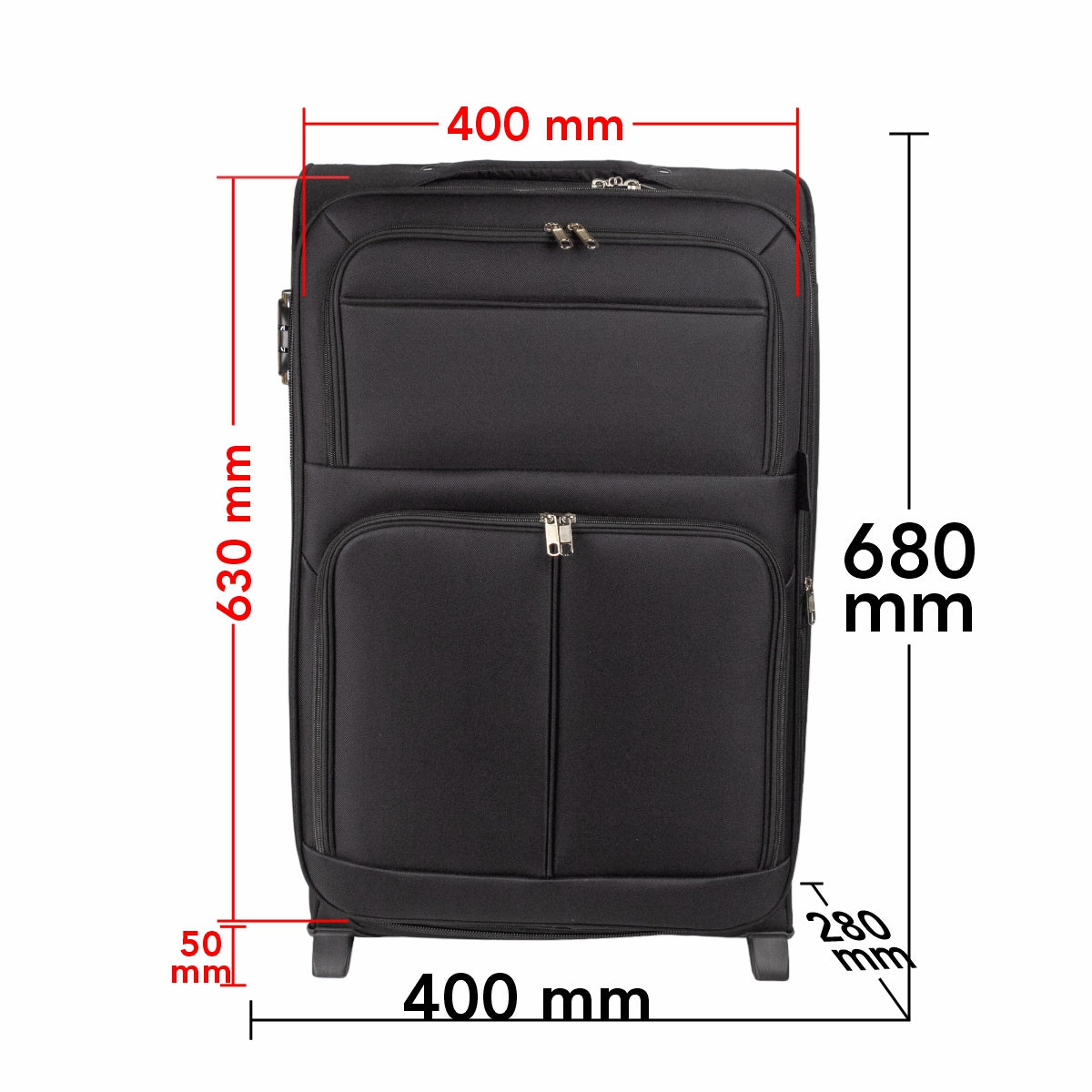 Troler voiaj Mediu, Naimeed D5978, 2 roti, material textil, inchidere cifru, Negru, 40x28x63cm