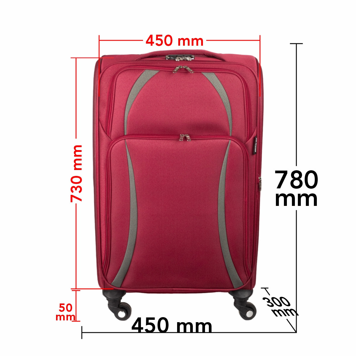 Troler voiaj Mare, Naimeed D5980, 4 roti, material textil, inchidere cifru, Rosu, 45x30x73cm